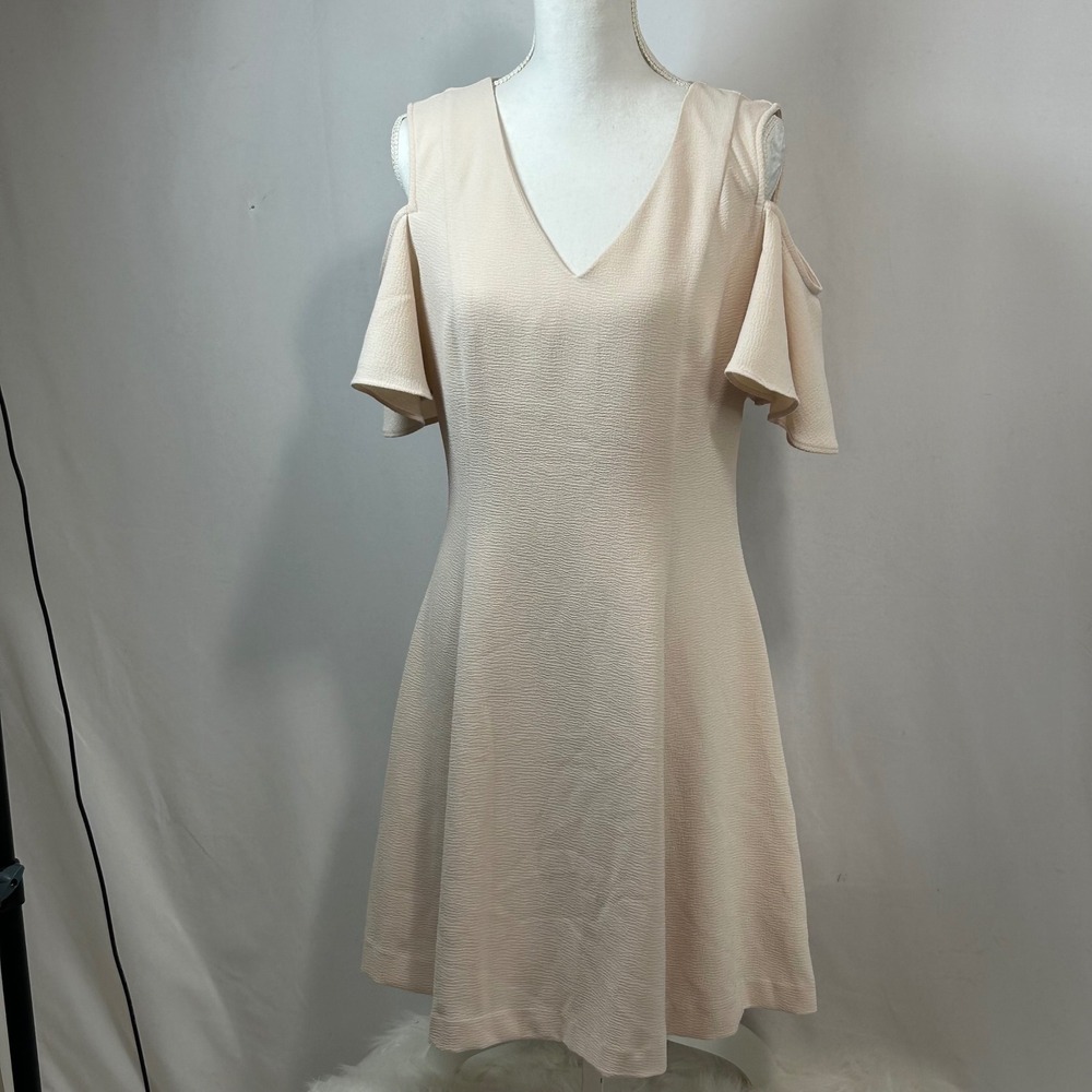 Cold Shoulder Dress V-Neck Cocktail Party Flared A-Line Mini Beige‎
